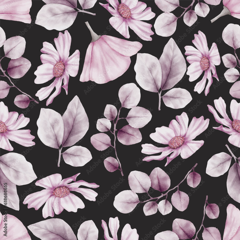 beautiful watercolor purple flower and greenery leaves seamless pattern