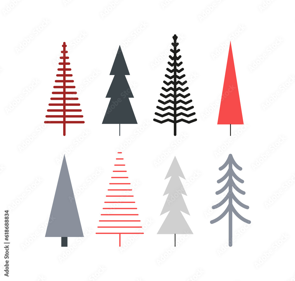 Fototapeta Set of modern Scandinavian Christmas trees. Happy New year. Winter holidays. Simple nordic style. Xmas mood.