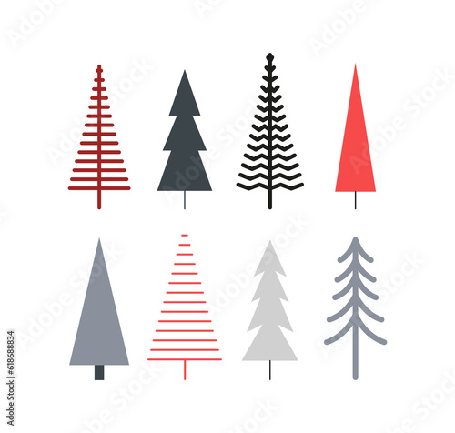 Set of modern Scandinavian Christmas trees. Happy New year. Winter holidays. Simple nordic style. Xmas mood.