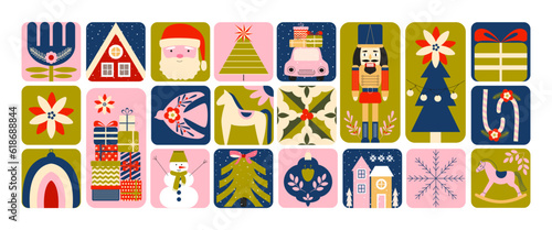 Modern retro Christmas. New year fairy tale. Nutcracker. Winter holidays. Christmas tree, Santa, horse, balls, flowers, houses, gifts, snowflakes. Stickers, tags, tiles, mosaic. Scandinavian style. 