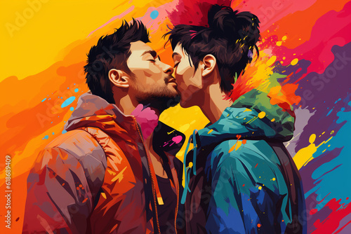 Pop up Illustration of two men kissing each other with a splash of the rainbow colors celebrating the LGBT pride day. Generative AI