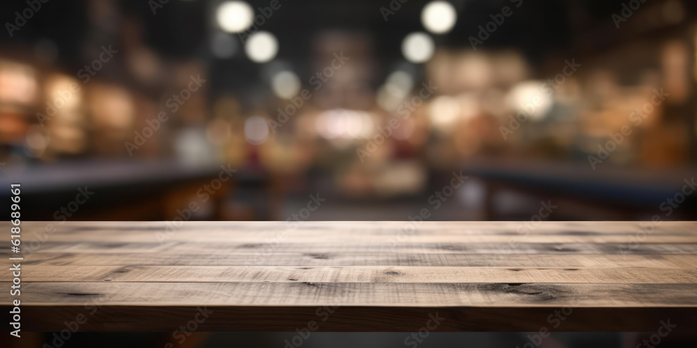 Dark wooden board empty table top and blur Interior