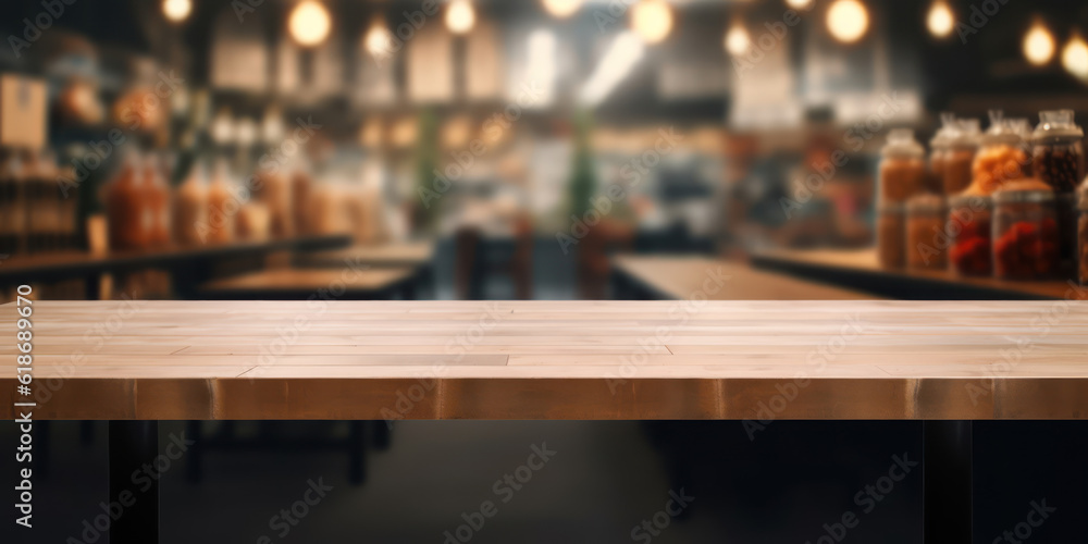 Dark wooden board empty table top and blur Interior