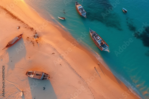 kayak, canoe on the beautiful beach near blue ocean. Travel concept. Summer vacation. background of the green ocean and waves. aerial view from the drone. Generative AI