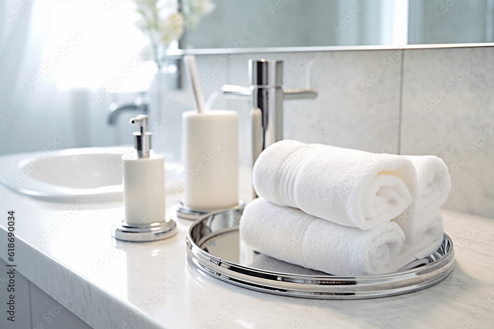 Spa. Beauty. bathroom interior with towel. White towel on a sink close up. Generative AI Spa. Beauty. bathroom interior with towel. White towel on a sink close up. Generative AI