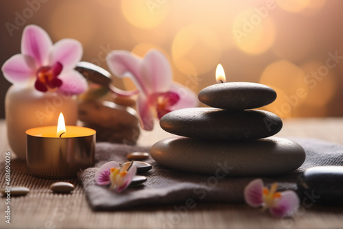 Spa zen stones with burning candles on dark background. Zen and relaxation concept. Generative AI