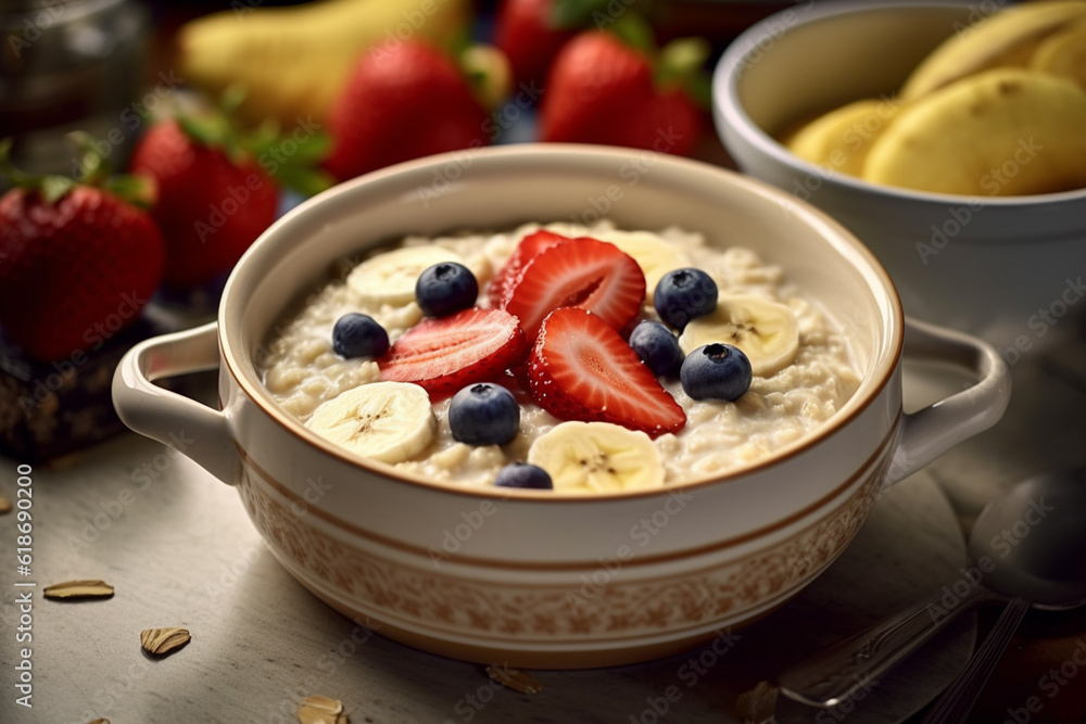 oatmeal with berries. Oatmeal porridge with fresh berries and banana for healthy breakfast. Generative AI