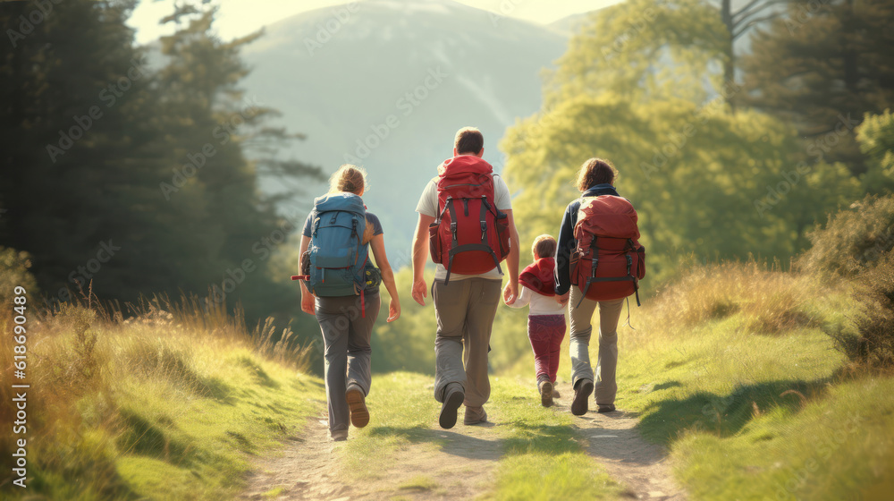 Family goes for a walk with hiking backpacks mountain