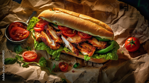 From above appetizing sandwich with grilled chicken, fresh lettuce and tomatoes served on baking paper on colorful table background created with Generative AI technology