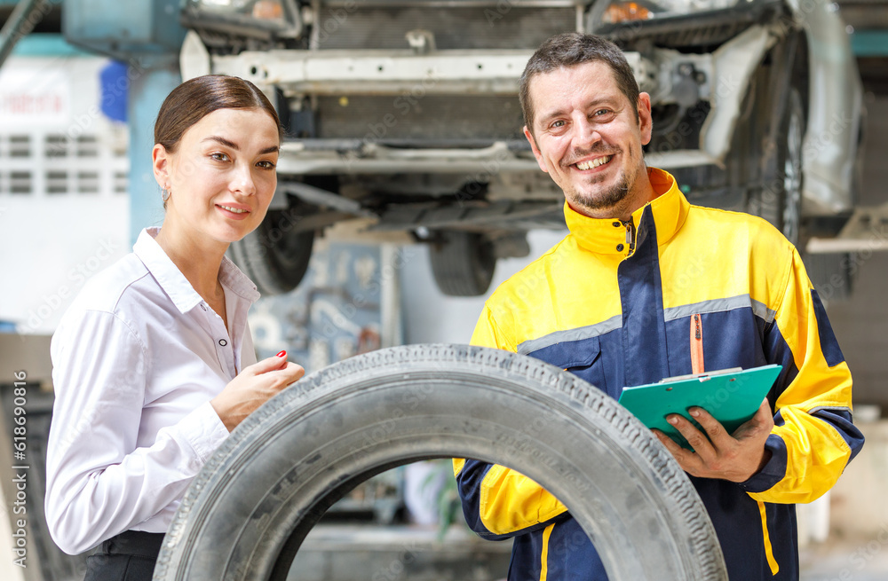 A young mechanic explains tire problems to a female customer. Complete vehicle inspection Satisfied customers in professional service garages A young mechanic explains tire problems to a female customer. Complete vehicle inspection Satisfied customers in professional service garages