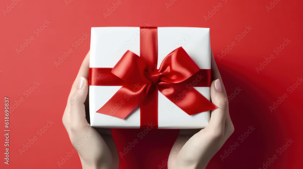 Female hands with tie a bow on gift box, Surprise preparation. Christmas Eve, Xmas and New Year postcard, Black Friday sales, Birthday celebration party concept, red background Female hands with tie a bow on gift box, Surprise preparation. Christmas Eve, Xmas and New Year postcard, Black Friday sales, Birthday celebration party concept, red background