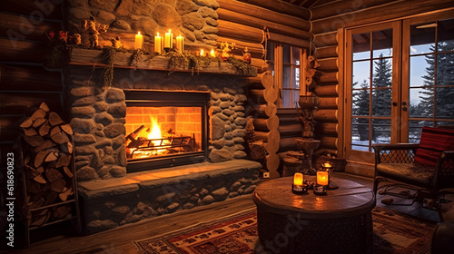 Fotografia Warm and cozy fireplace in winter log cabin, christmas time, illustration