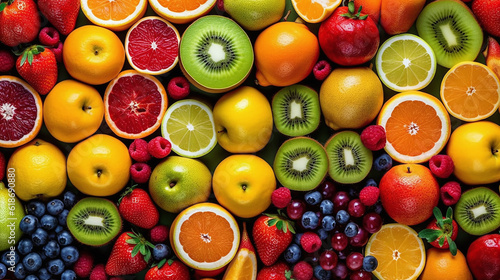 Background of fresh fruits arranged together representing concept of health diet. Top view. Generative Ai