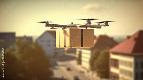 Flying drone delivers a package background a houses
