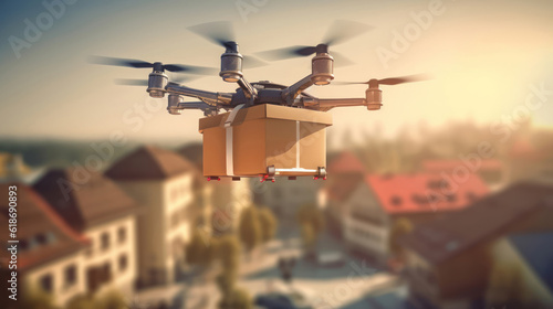 Flying drone delivers a package background a houses