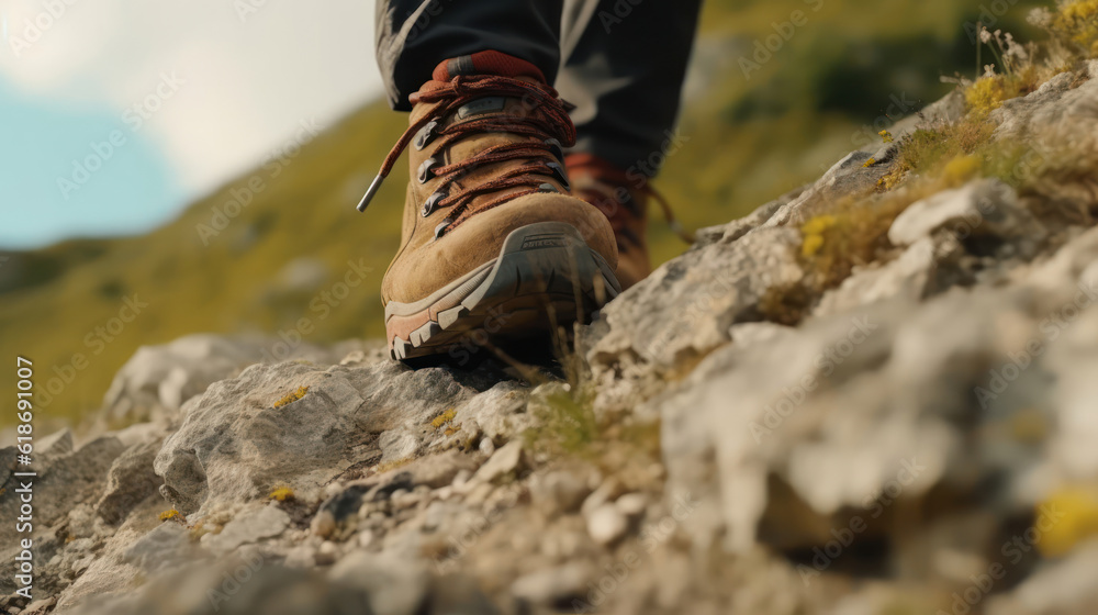 Shoes of a tourist walking in the mountains, close-up Shoes of a tourist walking in the mountains, close-up