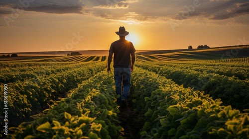 A rear photo of a farmer, standing in a large soybean field, generative AI photo