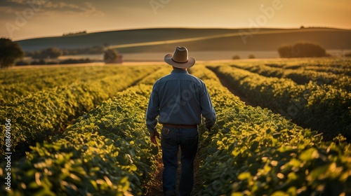 A rear photo of a farmer  standing in a large soybean field  generative AI