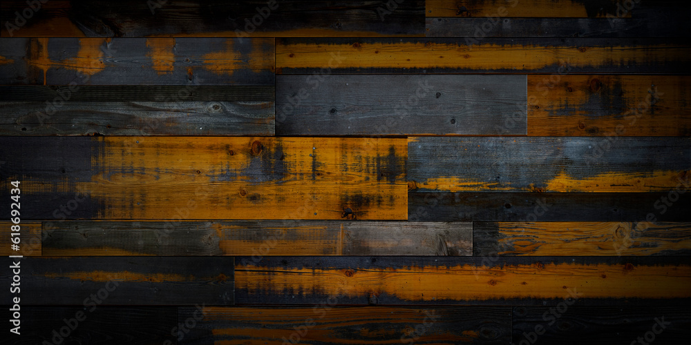 Dark stained reclaimed wood surface with aged boards lined up. Wooden