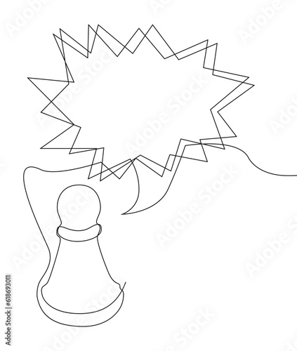 One continuous line of speech bubble with pawn  chess piece. Thin Line Illustration vector concept. Contour Drawing Creative ideas.