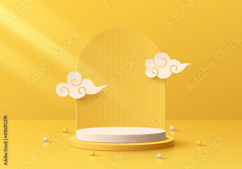 3D white yellow cylinder podium background with chinese vegetarian festival on arch scene and cloud, Mockup product stage showcase, Nine emperor gods promotion display, Translation refrain eating meat