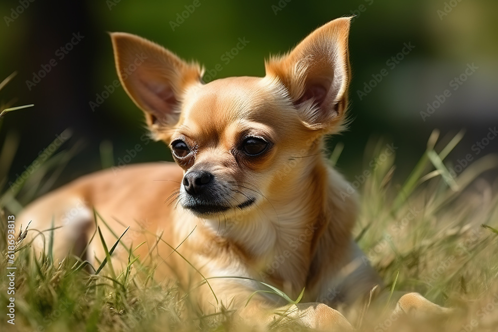Image of chihuahua dog resting on green pasture grass on summer. Pet. Animals. Illustration. Generative AI.