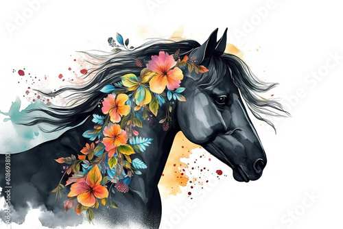 Tela A painting a black horse head with colorful tropical flowers