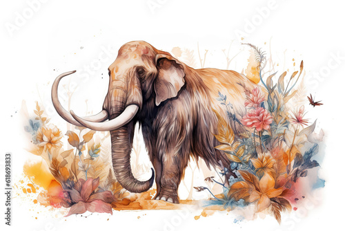 Image of a mammoth surrounded by colorful tropical flowers. Wildlife Animals. Illustration, Generative AI.