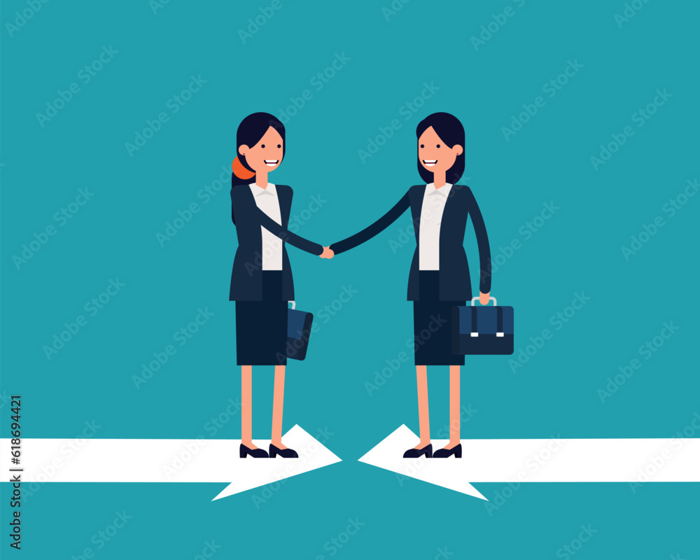 Fototapeta premium Business partnership shaking hands on opposite arrows. Vector illustration Agreement concept