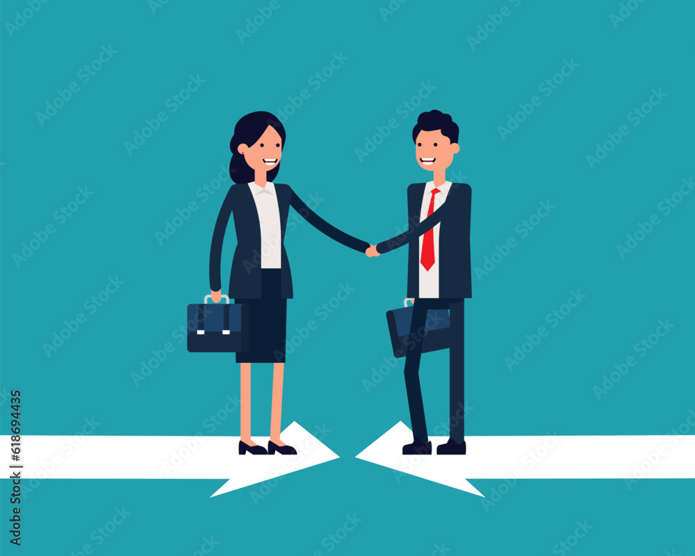Fototapeta premium Business partnership shaking hands on opposite arrows. Vector illustration Agreement concept