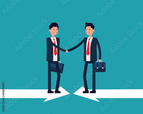 Business partnership shaking hands on opposite arrows. Vector illustration Agreement concept © izen