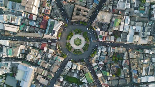Wongwian Yai roundabout. Aerial view of highway junctions. Roads shape circle in structure of architecture and technology transportation concept. Top view. Urban city, Bangkok, Thailand.