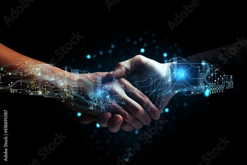 A handshake merging into digital circuitry, symbolizing the integration of human relationships and connectivity in the digital age. Generative AI