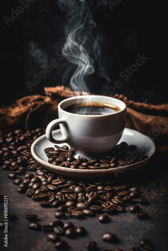 Steamy Delight: A Cup of Hot Coffee Embraced by Coffee Beans on a Wooden Table Generative AI © illuminating images