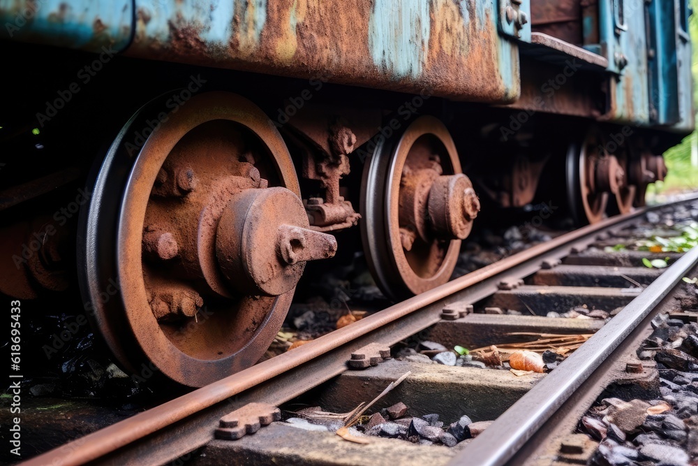 Rusty Train Wheels on Abandoned Track, Close-up Detail Rusty Train Wheels on Abandoned Track, Close-up Detail