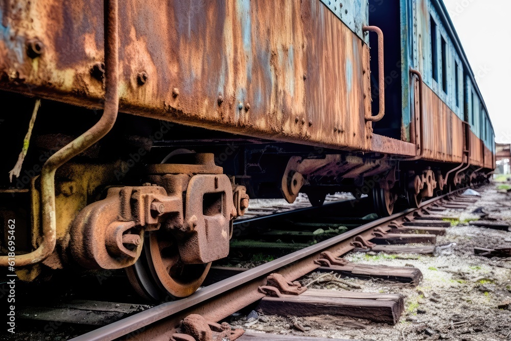Naklejka premium Rusting Railway Carriage: Derelict Train Car on Weathered Tracks