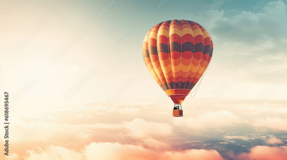 Fototapeta premium Hot air balloon in horizon sky, morning sunlight.