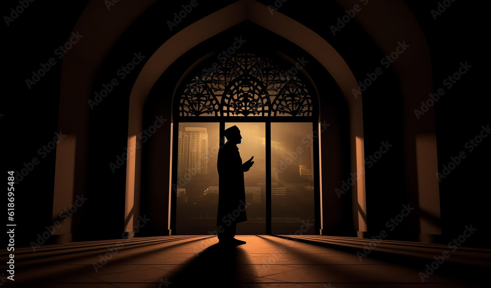 silhouette Muslim man praying in the mosque on dark background ...