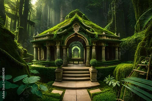 Hidden jungle temple covered in vines and foliage