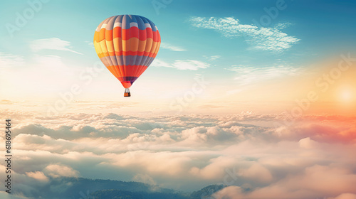 Hot air balloon in horizon sky, morning sunlight.
