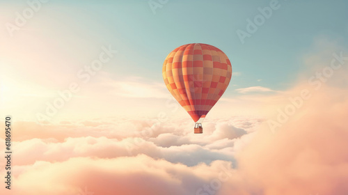 Hot air balloon in horizon sky, morning sunlight. © tashechka