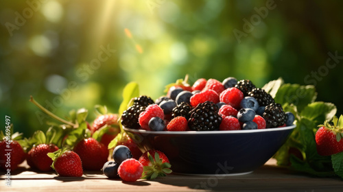 Berries in a ceramic bowl on a small wooden table.