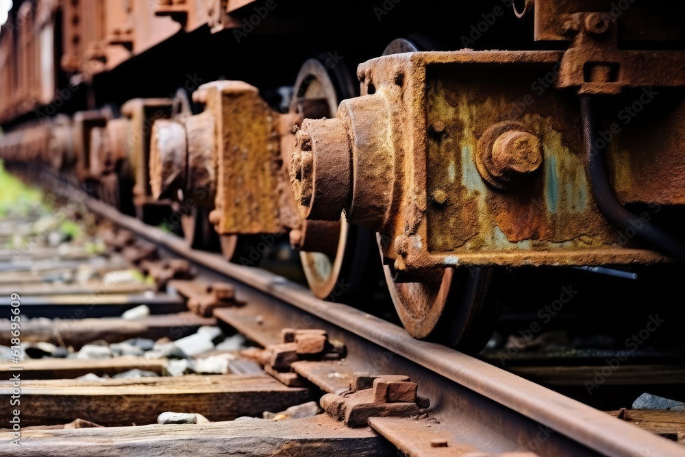 Rusty Train Bogies on Weathered Rails, Close-up Rusty Train Bogies on Weathered Rails, Close-up