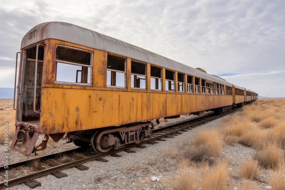 Rusty Ghost Train: Abandoned Passenger Car in Desolate Landscape Rusty Ghost Train: Abandoned Passenger Car in Desolate Landscape