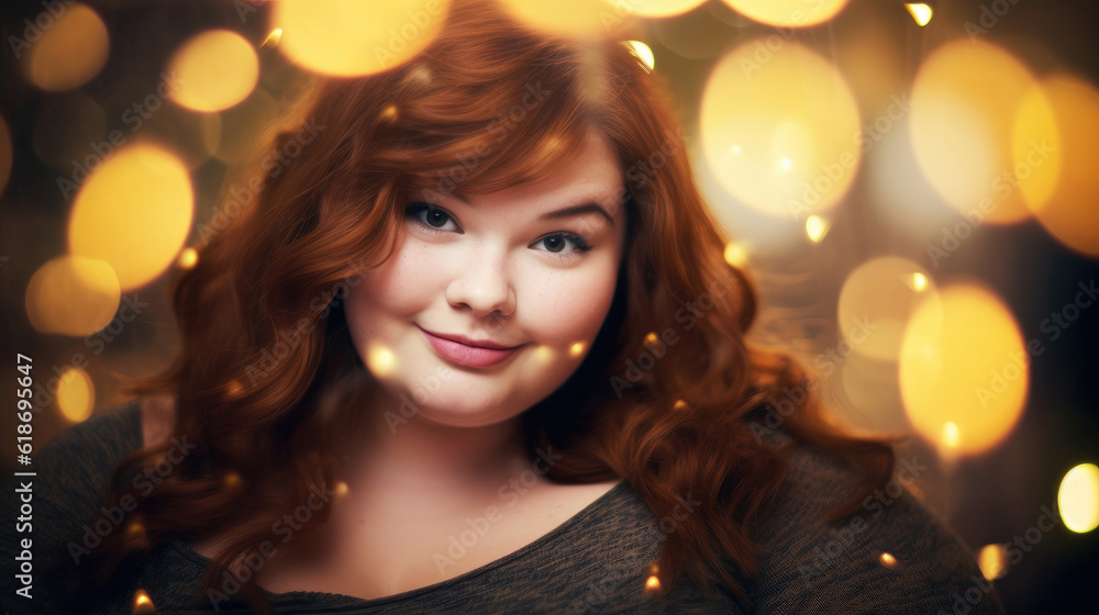 Beautiful fat young woman, golden bokeh background
