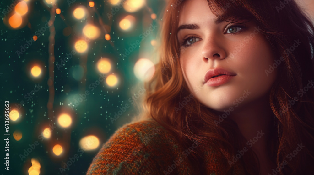 Beautiful fat young woman, golden bokeh background Beautiful fat young woman, golden bokeh background