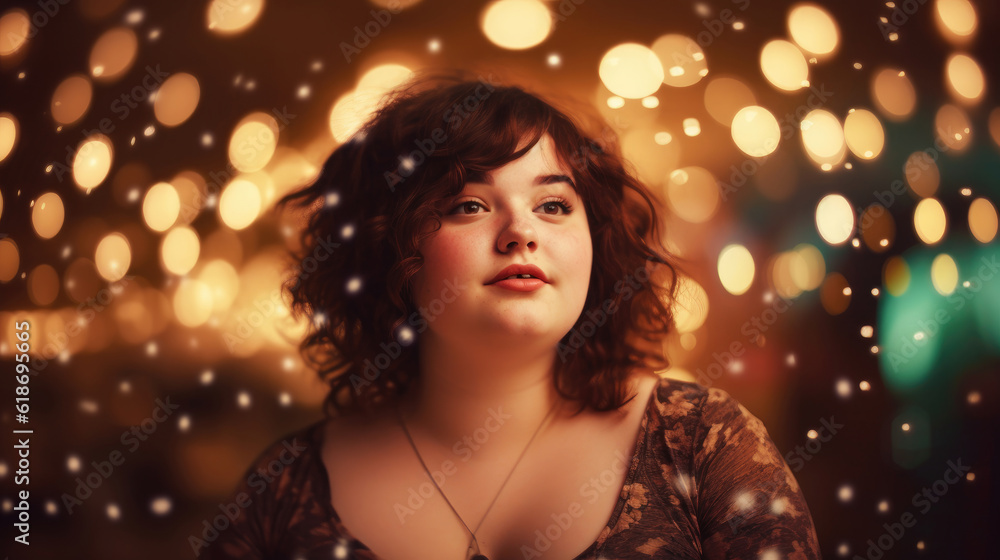 Beautiful fat young woman, golden bokeh background Beautiful fat young woman, golden bokeh background