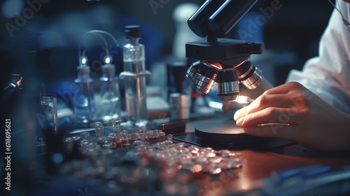 Close-up shot of a scientist with a microscope in a laboratory