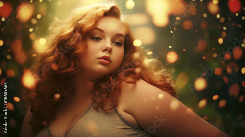 Beautiful fat young woman, golden bokeh background © tashechka