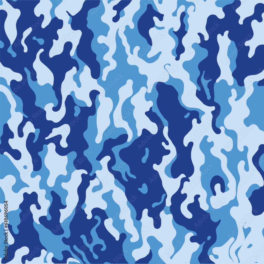 Blue military camo seamless pattern. Military clothing fabric design for naval